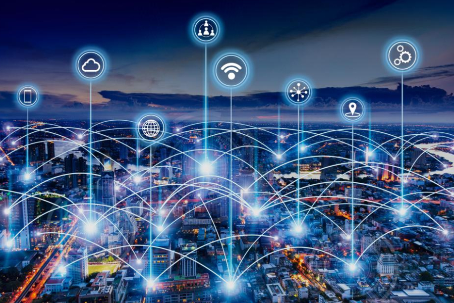 The image Depicts current communication trends show casing Cloud Technology, 5G connectivity, Internet of Technology,etc