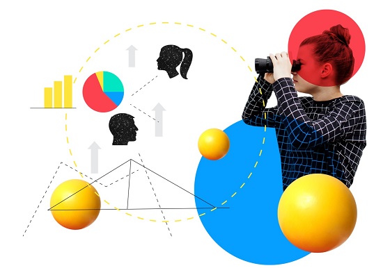 A girl with a binocular is viewing something through it, while some icons of bar chart, pie chart and balls, male and female figures can be seen around.